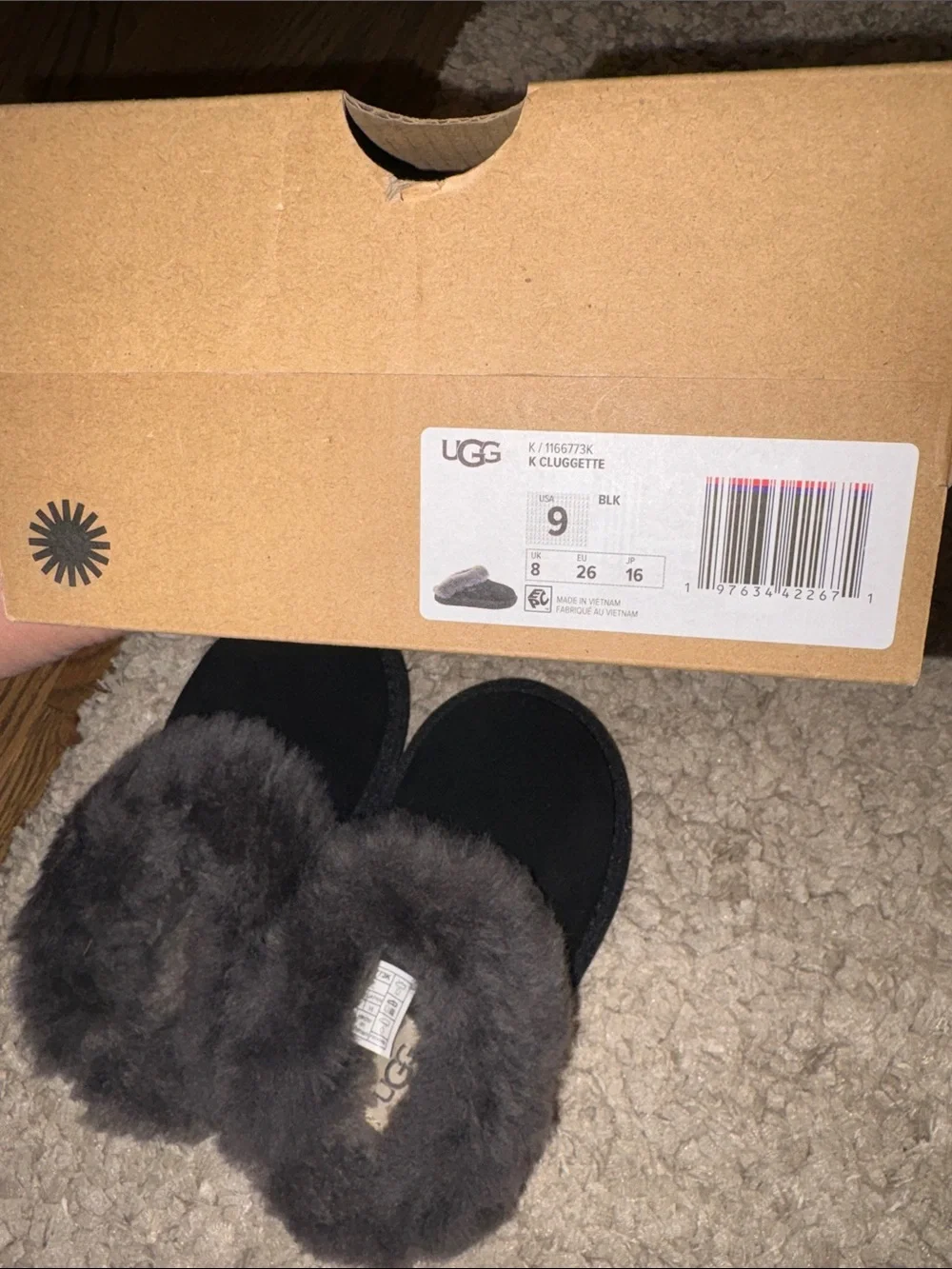UGG Kids Black Suede Shearling Clog with Gray Fur Cuff